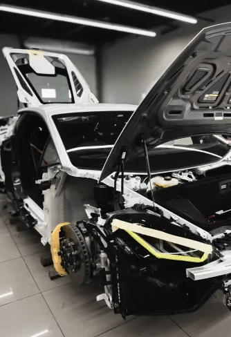 Lamborghini Huracán disassembled and masked for surface preparation at DEIZ Garage